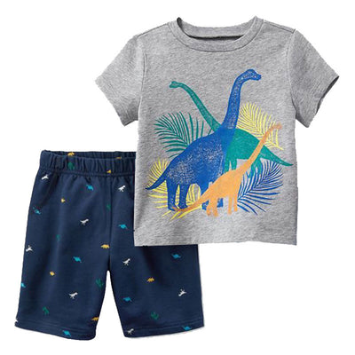 Kids Baby Boy's Grey Dinosaur T-shirt Dark Blue Shorts Set - 1021 - Little Kooma