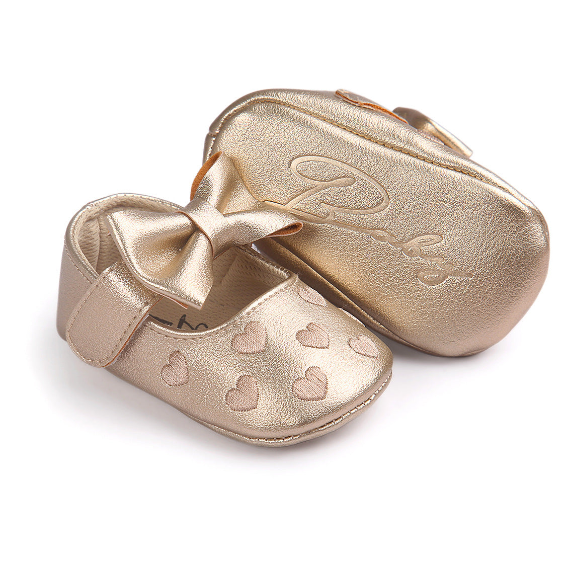 Baby Girl PU Leather Flats Embroidered Hearts Magic Tape - 0912 - Little Kooma