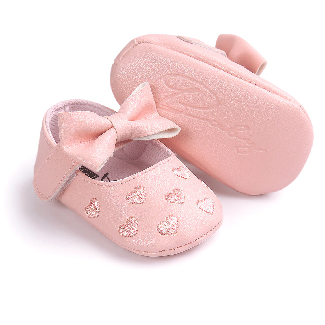 Baby Girl PU Leather Flats Embroidered Hearts Magic Tape - 0912 - Little Kooma