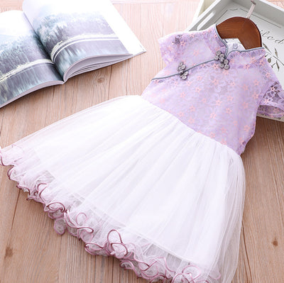 Girls Voile Lace Splicing Cheongsam Dress w Bag - Little Kooma