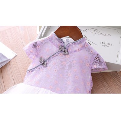 Girls Voile Lace Splicing Cheongsam Dress w Bag - Little Kooma