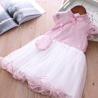 Girls Voile Lace Splicing Cheongsam Dress w Bag - Little Kooma
