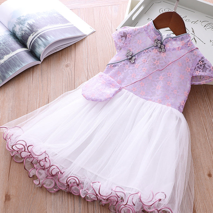 Girls Voile Lace Splicing Cheongsam Dress w Bag - Little Kooma