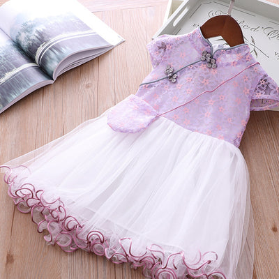 Girls Voile Lace Splicing Cheongsam Dress w Bag - Little Kooma
