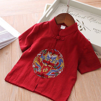 Boys Cheongsam Set Embroidered Dragon Front Buttons - Little Kooma