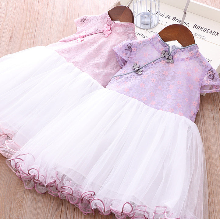 Girls Voile Lace Splicing Cheongsam Dress w Bag - Little Kooma