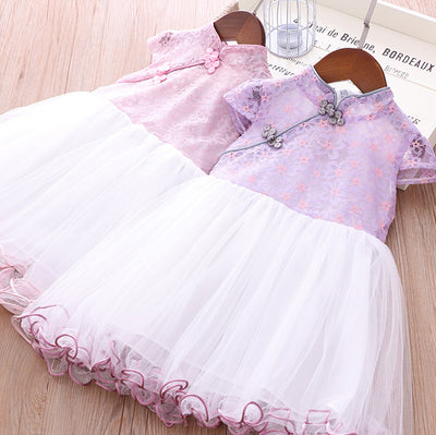 Girls Voile Lace Splicing Cheongsam Dress w Bag - Little Kooma