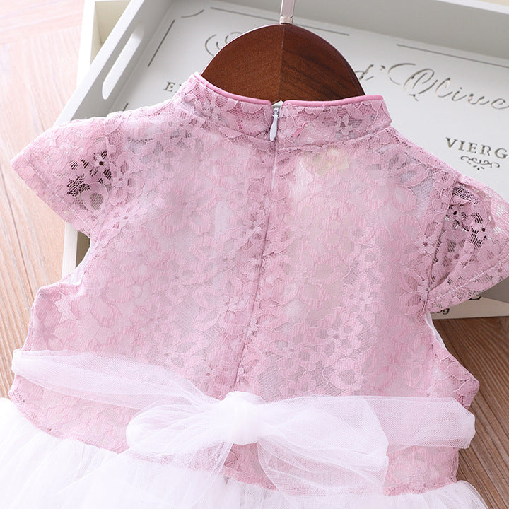 Girls Voile Lace Splicing Cheongsam Dress w Bag - Little Kooma