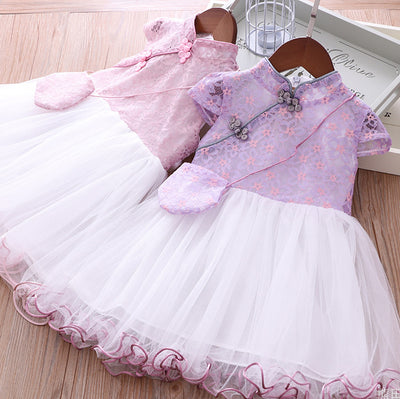 Girls Voile Lace Splicing Cheongsam Dress w Bag - Little Kooma