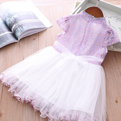 Girls Voile Lace Splicing Cheongsam Dress w Bag - Little Kooma