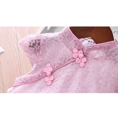 Girls Voile Lace Splicing Cheongsam Dress w Bag - Little Kooma