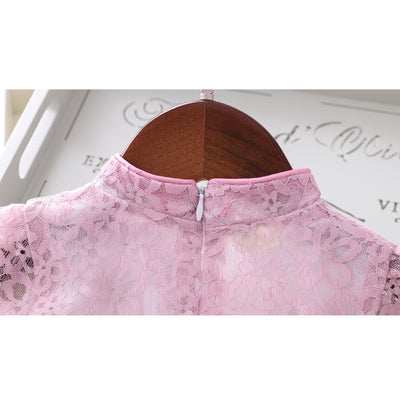 Girls Voile Lace Splicing Cheongsam Dress w Bag - Little Kooma