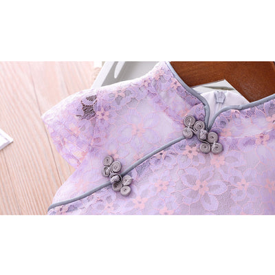 Girls Voile Lace Splicing Cheongsam Dress w Bag - Little Kooma