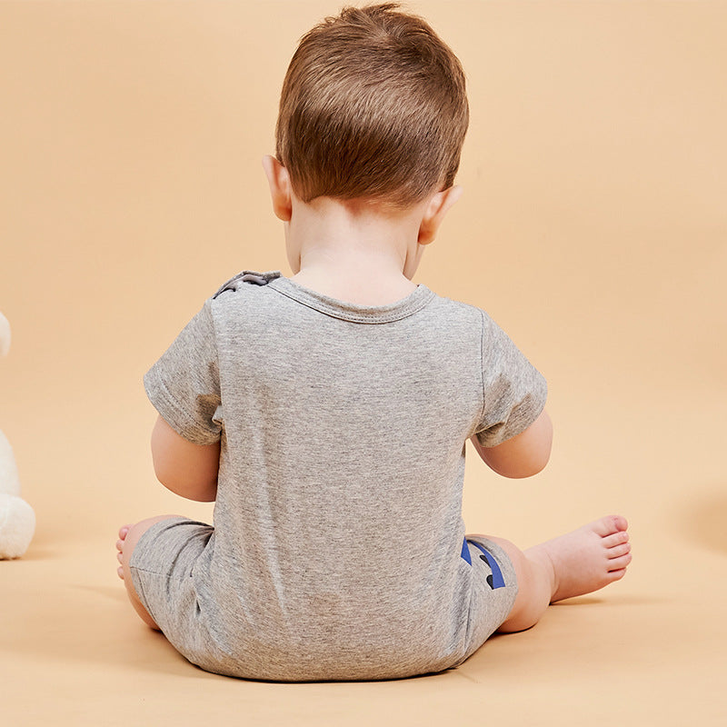 Baby Grey Romper w Blue Dinosaur - 0616 - Little Kooma