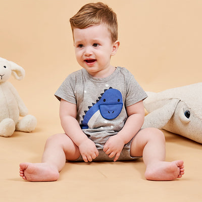 Baby Grey Romper w Blue Dinosaur - 0616 - Little Kooma