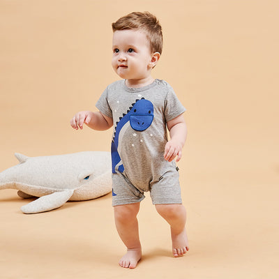 Baby Grey Romper w Blue Dinosaur - 0616 - Little Kooma
