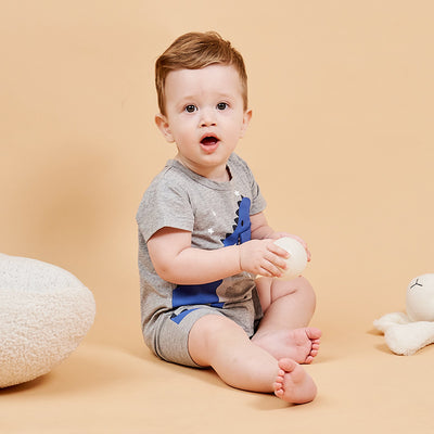 Baby Grey Romper w Blue Dinosaur - 0616 - Little Kooma