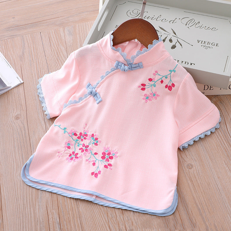 Kids Girls Voile Cheongsam Set Top n Skirt Pink Embroidered Peach Flowers CNY Chinese New Year Outfit - Little Kooma