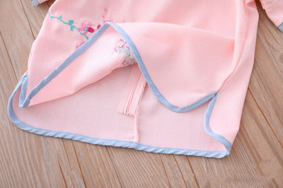 Kids Girls Voile Cheongsam Set Top n Skirt Pink Embroidered Peach Flowers CNY Chinese New Year Outfit - Little Kooma