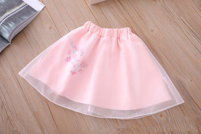Kids Girls Voile Cheongsam Set Top n Skirt Pink Embroidered Peach Flowers CNY Chinese New Year Outfit - Little Kooma