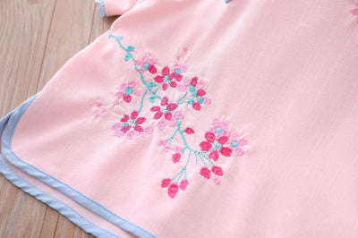 Kids Girls Voile Cheongsam Set Top n Skirt Pink Embroidered Peach Flowers CNY Chinese New Year Outfit - Little Kooma