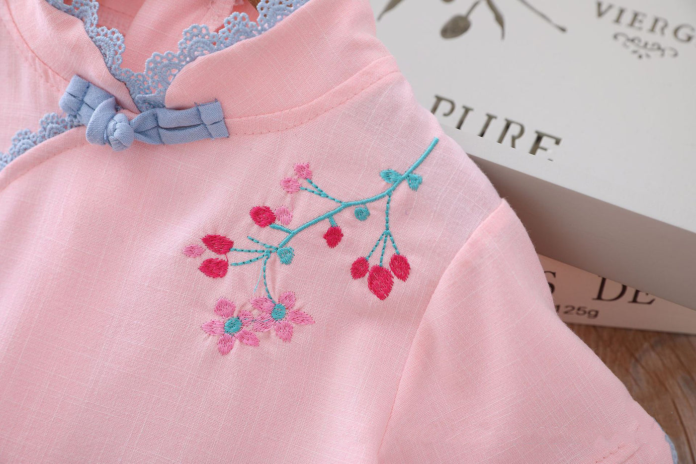 Kids Girls Voile Cheongsam Set Top n Skirt Pink Embroidered Peach Flowers CNY Chinese New Year Outfit - Little Kooma