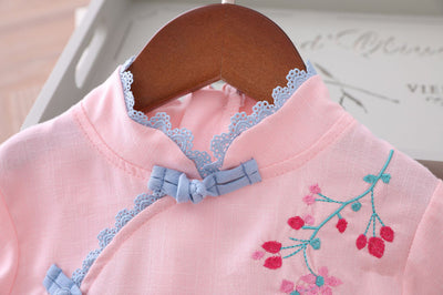 Kids Girls Voile Cheongsam Set Top n Skirt Pink Embroidered Peach Flowers CNY Chinese New Year Outfit - Little Kooma