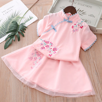 Kids Girls Voile Cheongsam Set Top n Skirt Pink Embroidered Peach Flowers CNY Chinese New Year Outfit - Little Kooma