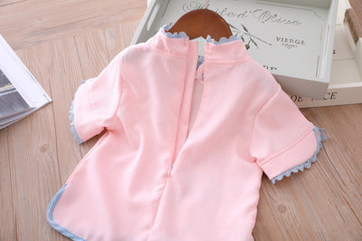 Kids Girls Voile Cheongsam Set Top n Skirt Pink Embroidered Peach Flowers CNY Chinese New Year Outfit - Little Kooma