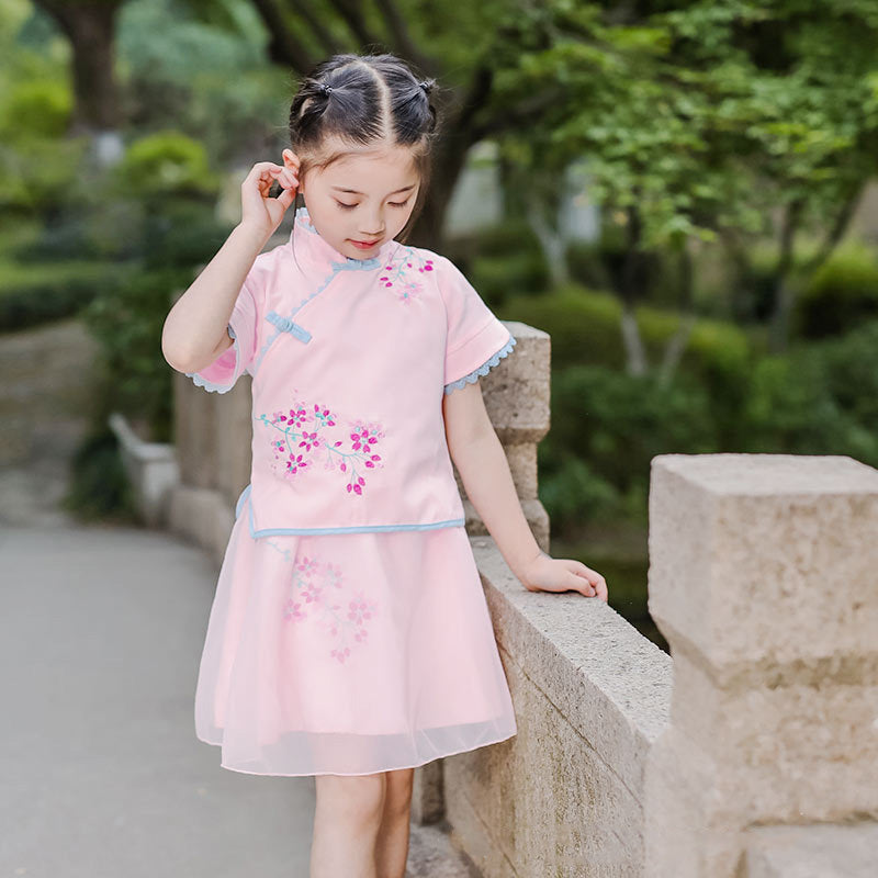 Kids Girls Voile Cheongsam Set Top n Skirt Pink Embroidered Peach Flowers CNY Chinese New Year Outfit - Little Kooma