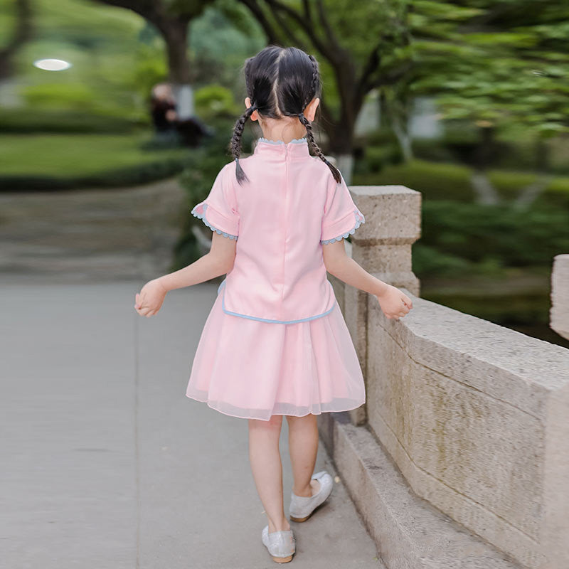 Kids Girls Voile Cheongsam Set Top n Skirt Pink Embroidered Peach Flowers CNY Chinese New Year Outfit - Little Kooma