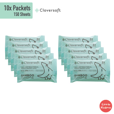 Cloversoft Antibacterial Organic Baby Wipes Made of Unbleached Bamboo - 15 sheets - Little Kooma