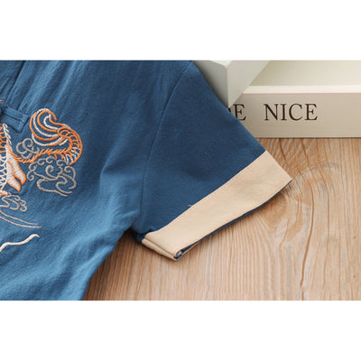 [KB07] Kids Boys Cheongsam Set Top n Shorts Embroidered Dragon n Auspicious Clouds CNY Chinese New Year Outfit - Little Kooma