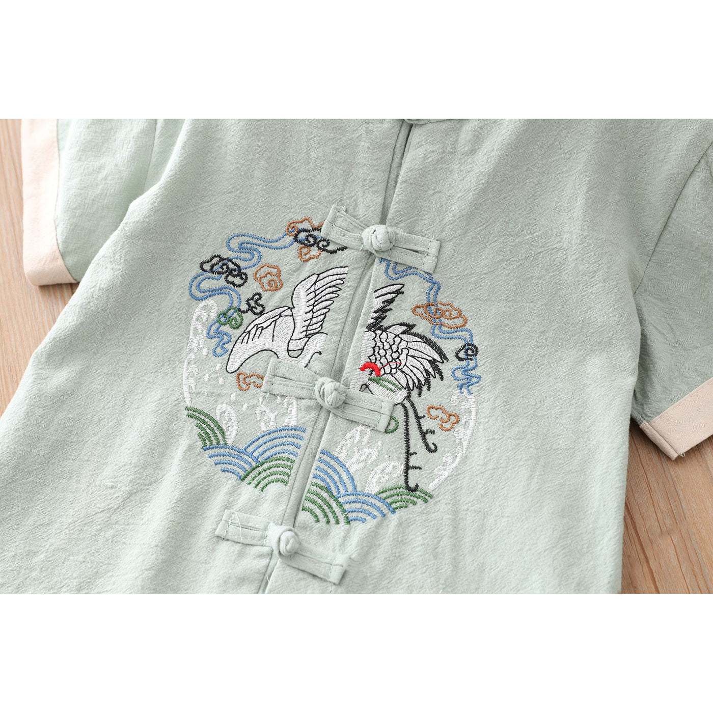 [KB06] Kids Boys Cheongsam Set Top n Shorts Embroidered Crane n Circle Auspicious Clouds CNY Chinese New Year Outfit - Little Kooma
