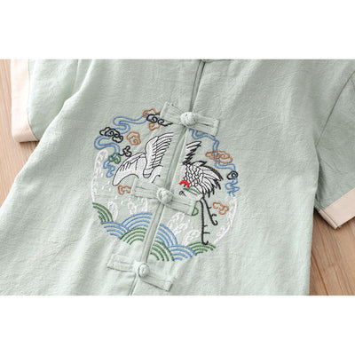 [KB06] Kids Boys Cheongsam Set Top n Shorts Embroidered Crane n Circle Auspicious Clouds CNY Chinese New Year Outfit - Little Kooma