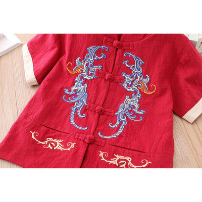 [KB03] Kids Boys Cheongsam Set Top n Shorts Blue Embroidered Dragons CNY Chinese New Year Outfit - Little Kooma