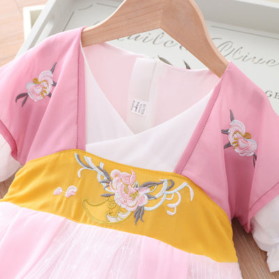 [KG22] Kids Girls Voile Splicing Cheongsam Dress w Embroidered Flowers Frill Sleeve CNY Chinese New Year Outfit - Little Kooma