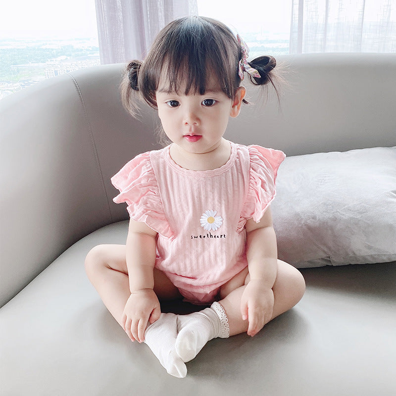 [ZBG07] Baby Girl Ruffled Sleeve Bodysuit w White Flower - Little Kooma
