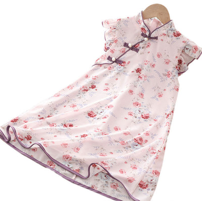 [KG10] Kids Girls Voile Floral Cheongsam Dress Ruffled Sleeves CNY Chinese New Year Outfit - Little Kooma