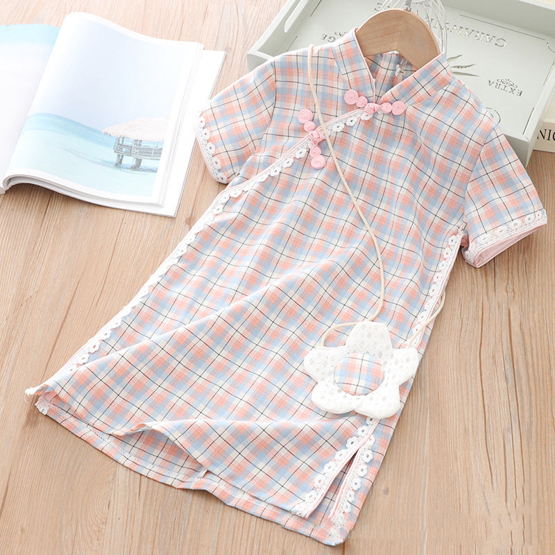 [KG01] Kids Girls Lace Trim Plaid Cheongsam Dress n Sling Bag CNY Chinese New Year Outfit - Little Kooma