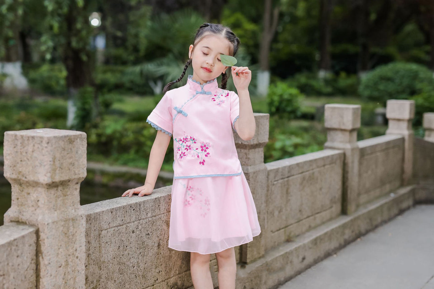 Kids Girls Voile Cheongsam Set Top n Skirt Pink Embroidered Peach Flowers CNY Chinese New Year Outfit - Little Kooma