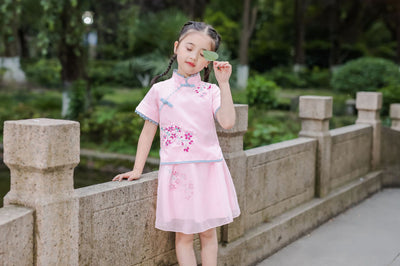 Kids Girls Voile Cheongsam Set Top n Skirt Pink Embroidered Peach Flowers CNY Chinese New Year Outfit - Little Kooma