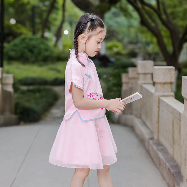 Kids Girls Voile Cheongsam Set Top n Skirt Pink Embroidered Peach Flowers CNY Chinese New Year Outfit - Little Kooma