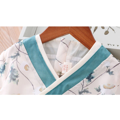 Girls Cheongsam Set White Top w Flower Prints n Green Skirt - Little Kooma