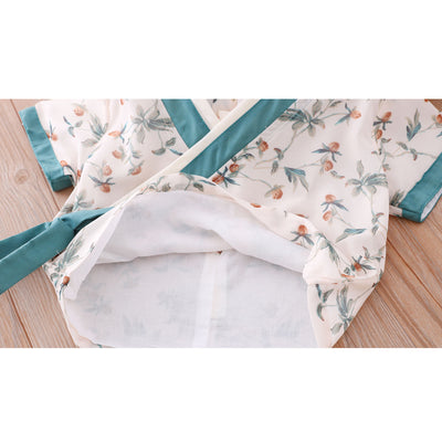 Girls Cheongsam Set White Top w Flower Prints n Green Skirt - Little Kooma