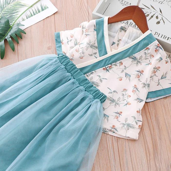 Girls Cheongsam Set White Top w Flower Prints n Green Skirt - Little Kooma