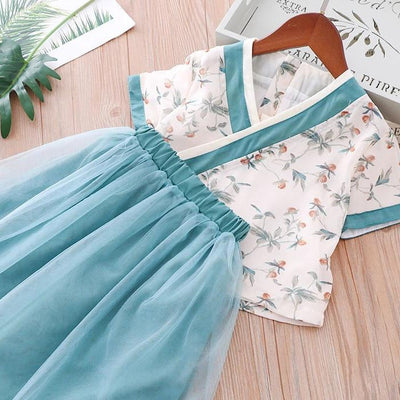 Girls Cheongsam Set White Top w Flower Prints n Green Skirt - Little Kooma