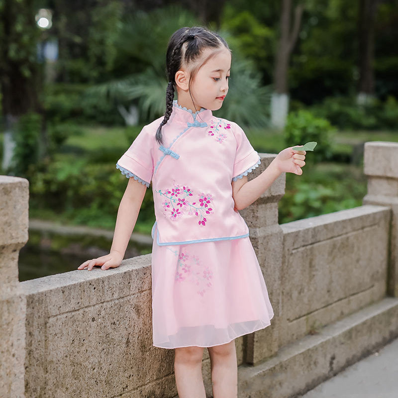 Kids Girls Voile Cheongsam Set Top n Skirt Pink Embroidered Peach Flowers CNY Chinese New Year Outfit - Little Kooma