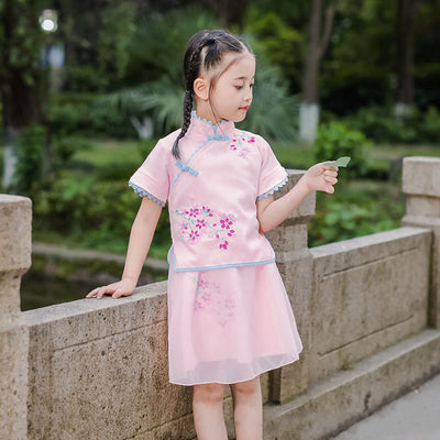 Kids Girls Voile Cheongsam Set Top n Skirt Pink Embroidered Peach Flowers CNY Chinese New Year Outfit - Little Kooma