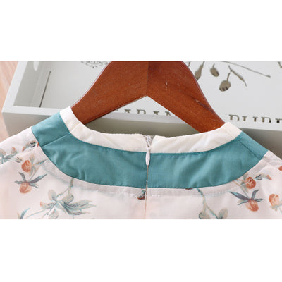 Girls Cheongsam Set White Top w Flower Prints n Green Skirt - Little Kooma